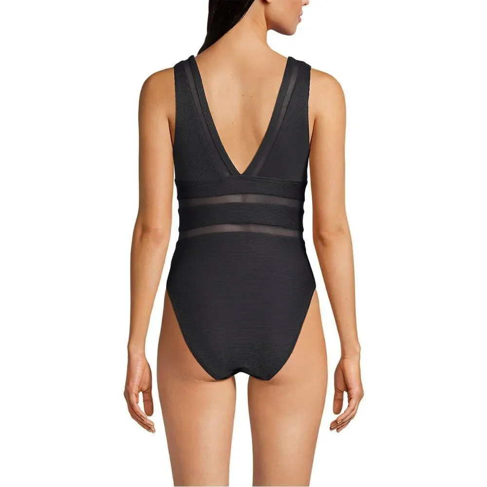 Land's End one piece Plunge swimsuit mesh ribbed Textured high leg Black Var - Picture 5 of 13